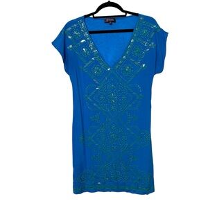 Hale Bob Size Small Teal Blue Silk Beaded Mini Shirt Dress Preppy Classic Sequin